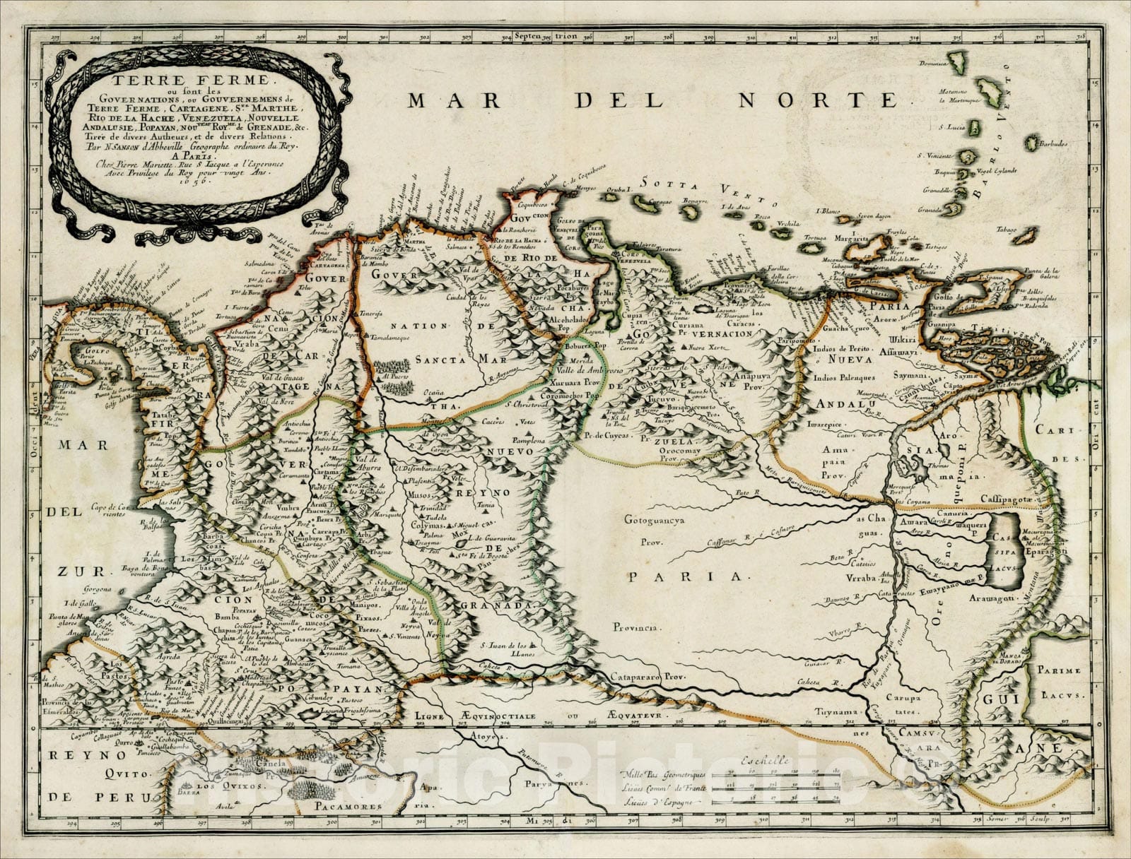 Historic Map : Terre Ferme ou sont les Governations, ou Gouvernemens de Terre Ferme, Cartagene, Ste, 1656, , Vintage Wall Art