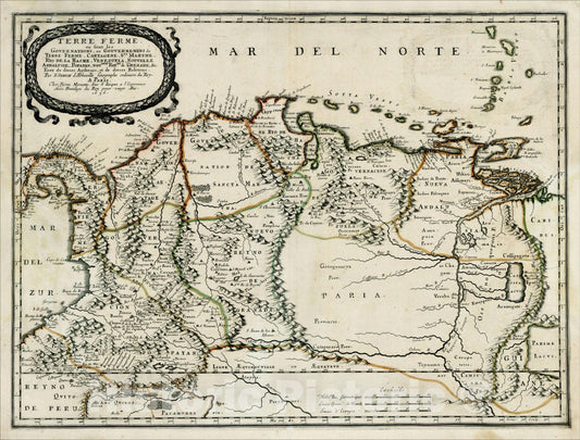 Historic Map : Terre Ferme ou sont les Governations, ou Gouvernemens de Terre Ferme, Cartagene, Ste, 1656, , Vintage Wall Art