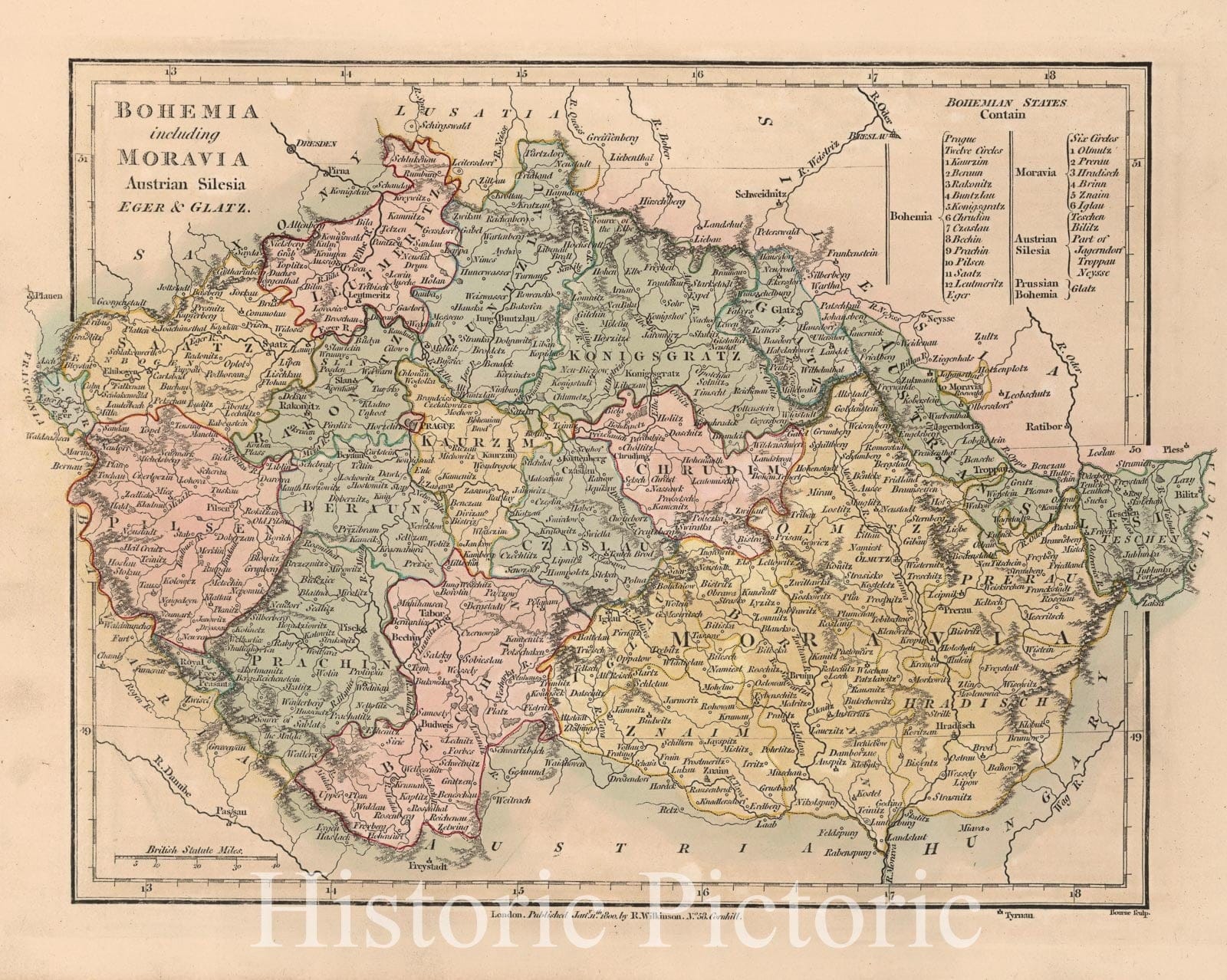 Historic Map : Bohemia including Moravia Austrian Silesia Eger & Glatz, 1800, Robert Wilkinson, Vintage Wall Art