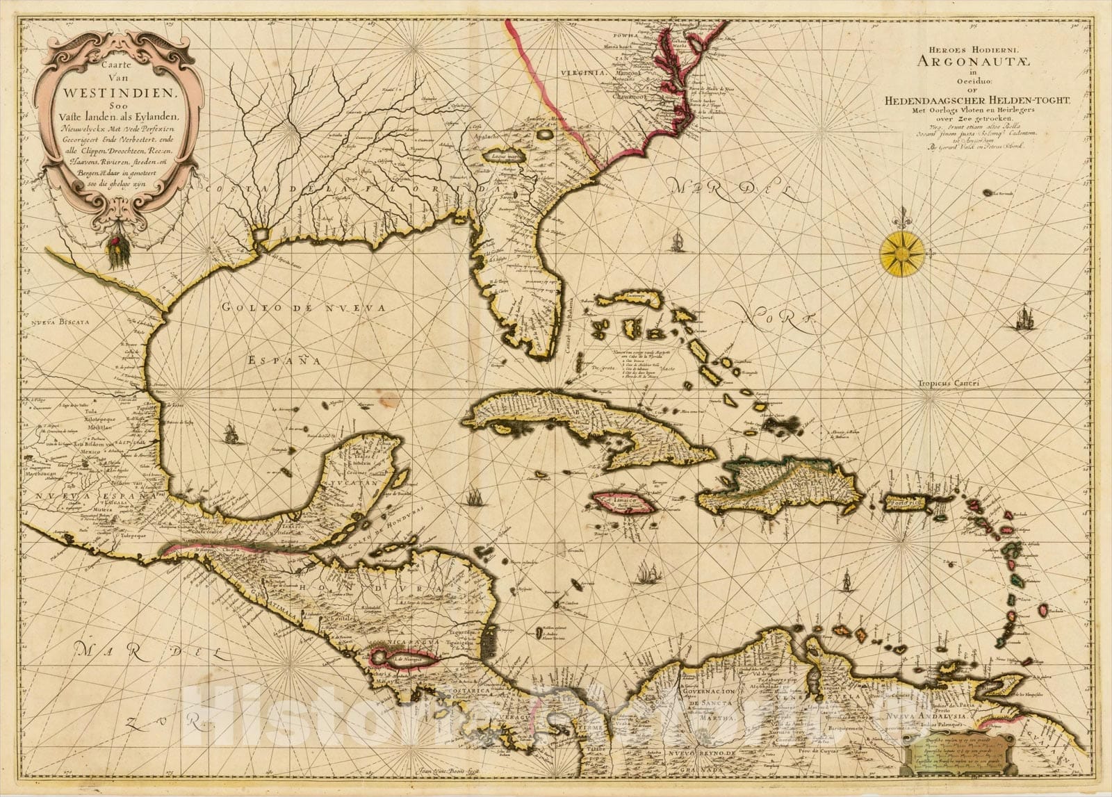 Historic Map : Caarte Van West Indien, Soo Vaste landen als Eylanden, Nieuwelyckx Met Veele Perfexien Gecorigeert Ende Verbeetert, c1700, Johannes Vingboons, Vintage Wall Art