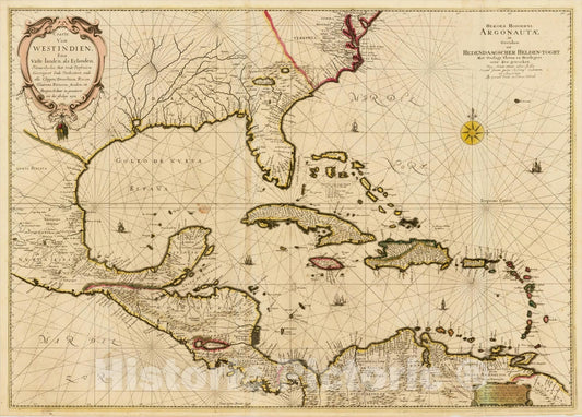 Historic Map : Caarte Van West Indien, Soo Vaste landen als Eylanden, Nieuwelyckx Met Veele Perfexien Gecorigeert Ende Verbeetert, c1700, Johannes Vingboons, Vintage Wall Art