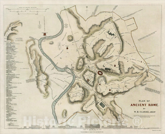 Historic Map : Plan of Ancient Rome. By W.B. Clarke, Archt., 1830, SDUK, v1, Vintage Wall Art