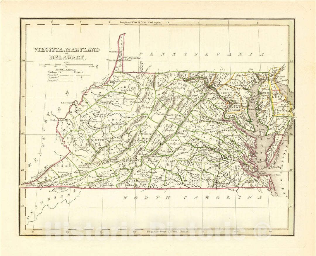 Historic Map : Virginia, Maryland and Delaware, 1835, Thomas Gamaliel Bradford, Vintage Wall Art