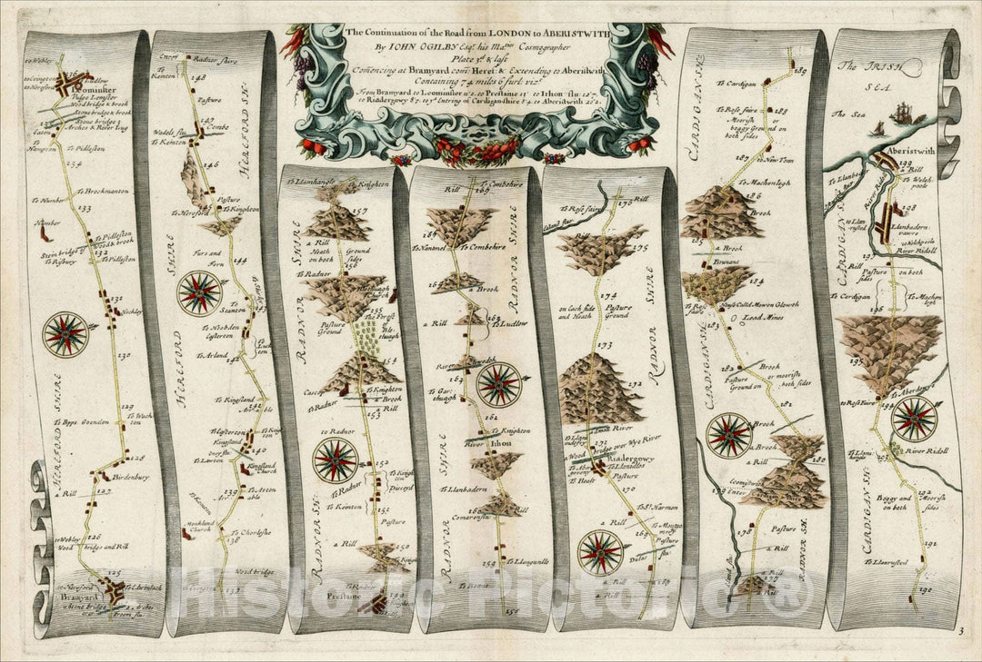 Historic Map : The Continuation of the Road from London to Aberistwith , 1675, , Vintage Wall Art