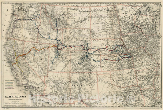 Historic Map : Map Showing The Pacific Railways and Their Branches. Prepared for the United States Pacific Railway Commission., 1887, v2, Vintage Wall Art