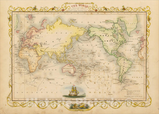 Historic Map : The World on Mercators Projection Shewing the Voyages of Captain Cook Round the World, 1851, John Tallis, v1, Vintage Wall Art