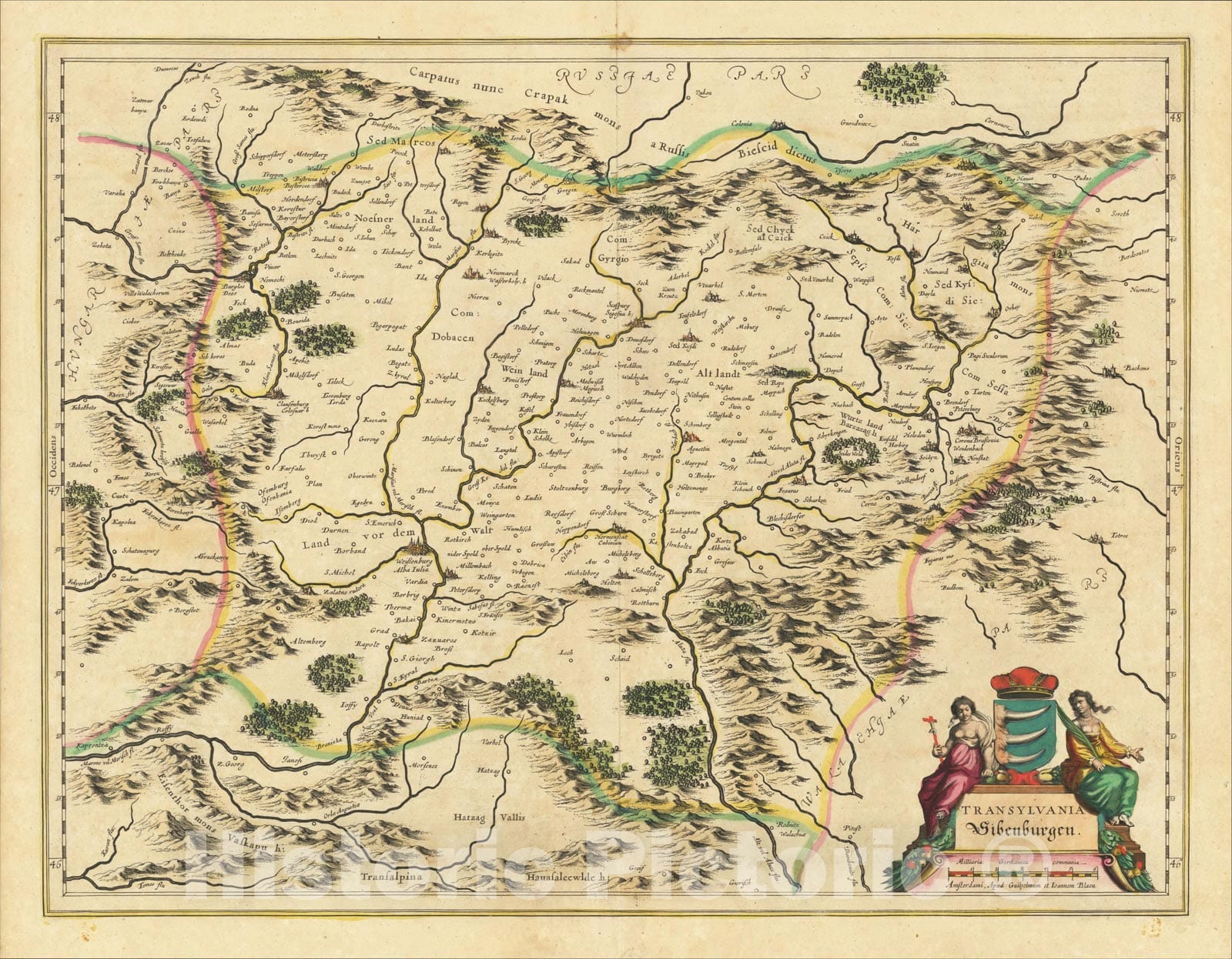 Historic Map : Transylvania Sibenburgen, 1635, Willem Janszoon Blaeu, Vintage Wall Art