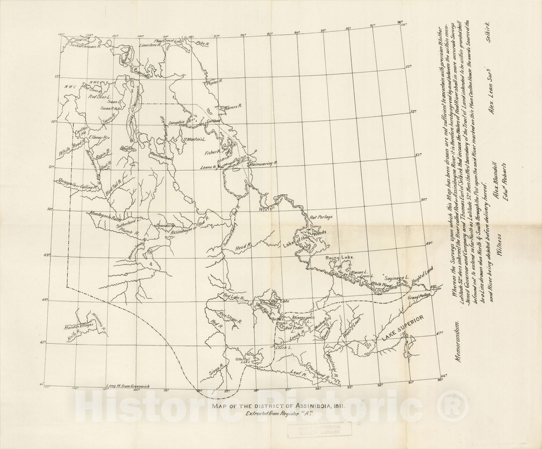 Historic Map : (Red River Colony) Map of the District of Assiniboia, 1811, c1914, Anonymous, Vintage Wall Art