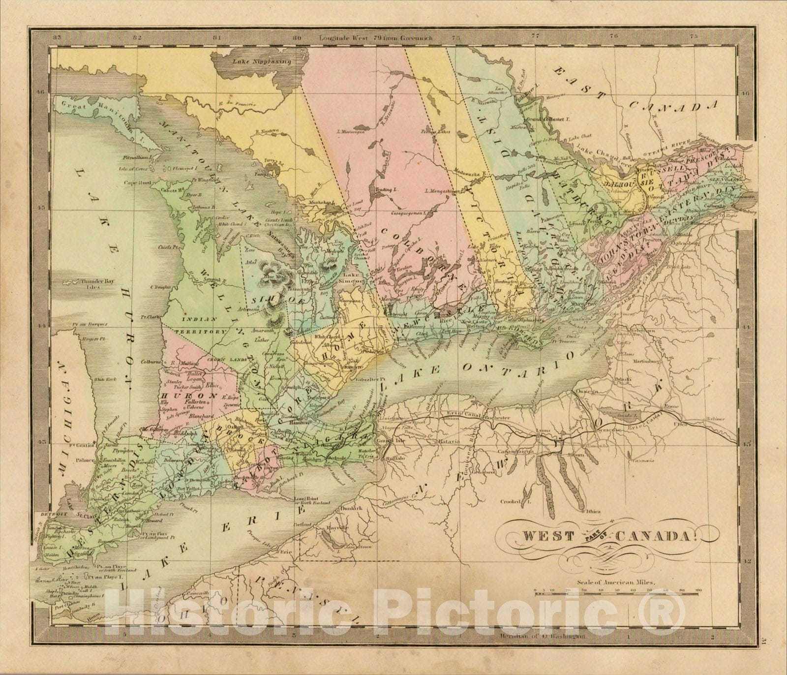 Historic Map : West Part of Canada, 1849, Jeremiah Greenleaf, Vintage Wall Art