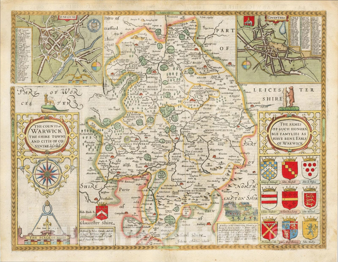 Historic Map : The Counti of Warwick The Shire Towne And Citie Of Coventre described, 1676, John Speed, Vintage Wall Art
