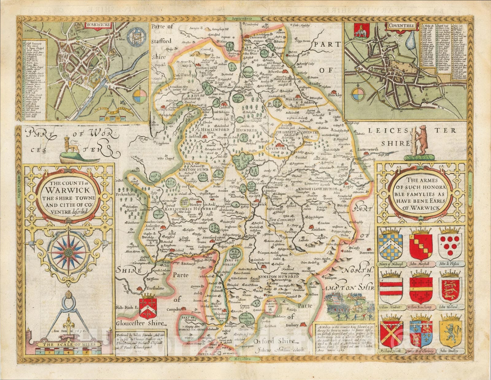 Historic Map : The Counti of Warwick The Shire Towne And Citie Of Coventre described, 1676, John Speed, Vintage Wall Art