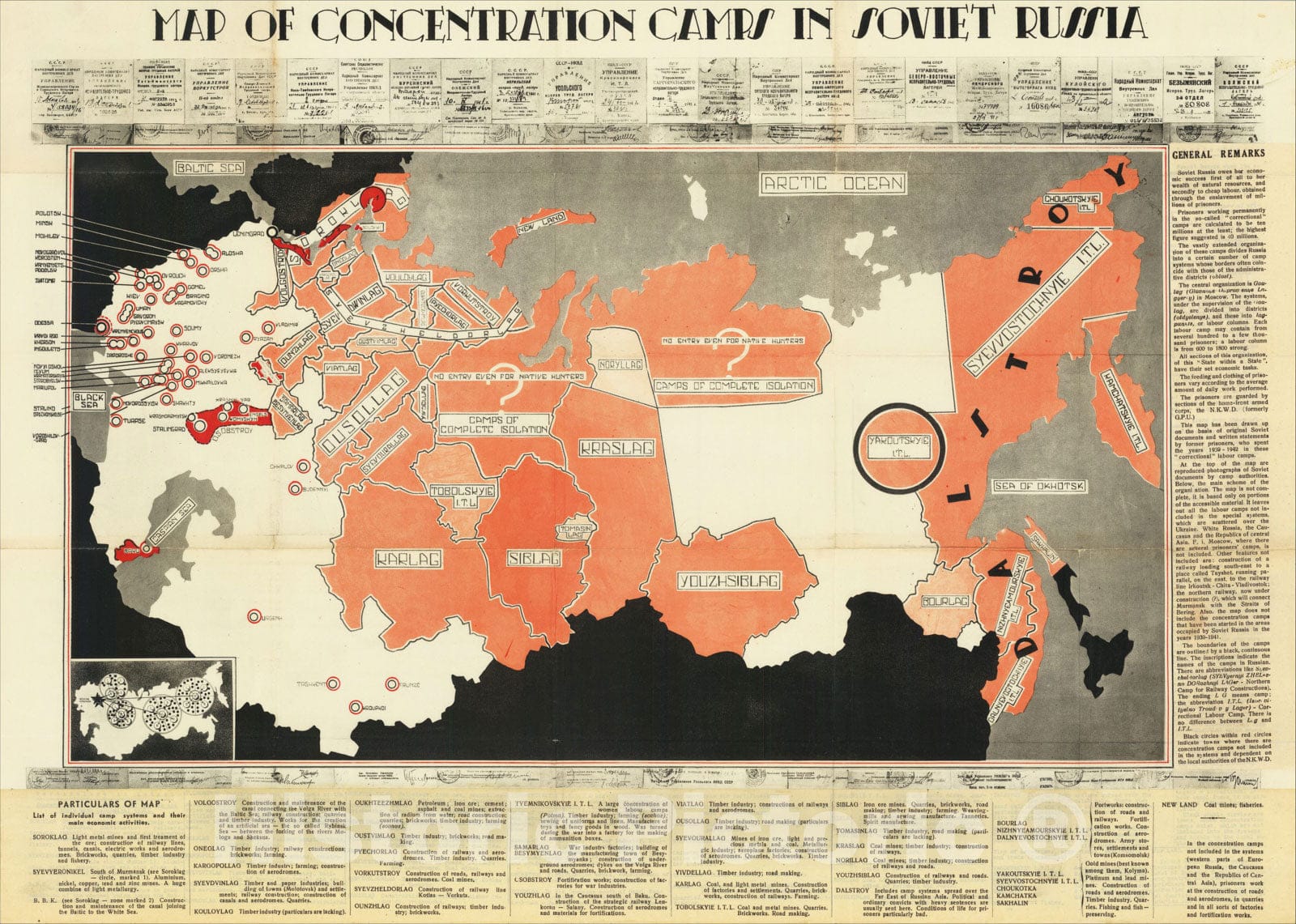 Historic Map : Map of Concentration Camps in Soviet Russia, 1945, Sylwester Starzewski, v1, Vintage Wall Art