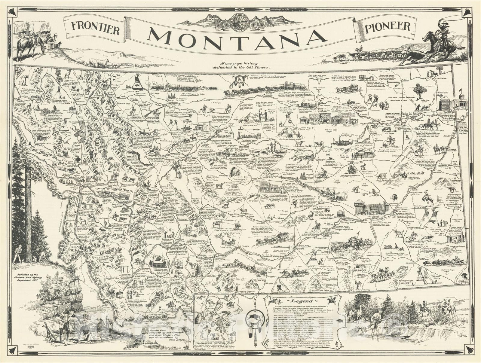 Historic Map : A Map of Montana Whereon Is Depicted And Inscribed The Pioneer History of the Land of Shining Mountains, 1937, Irvin Shope, v2, Vintage Wall Art