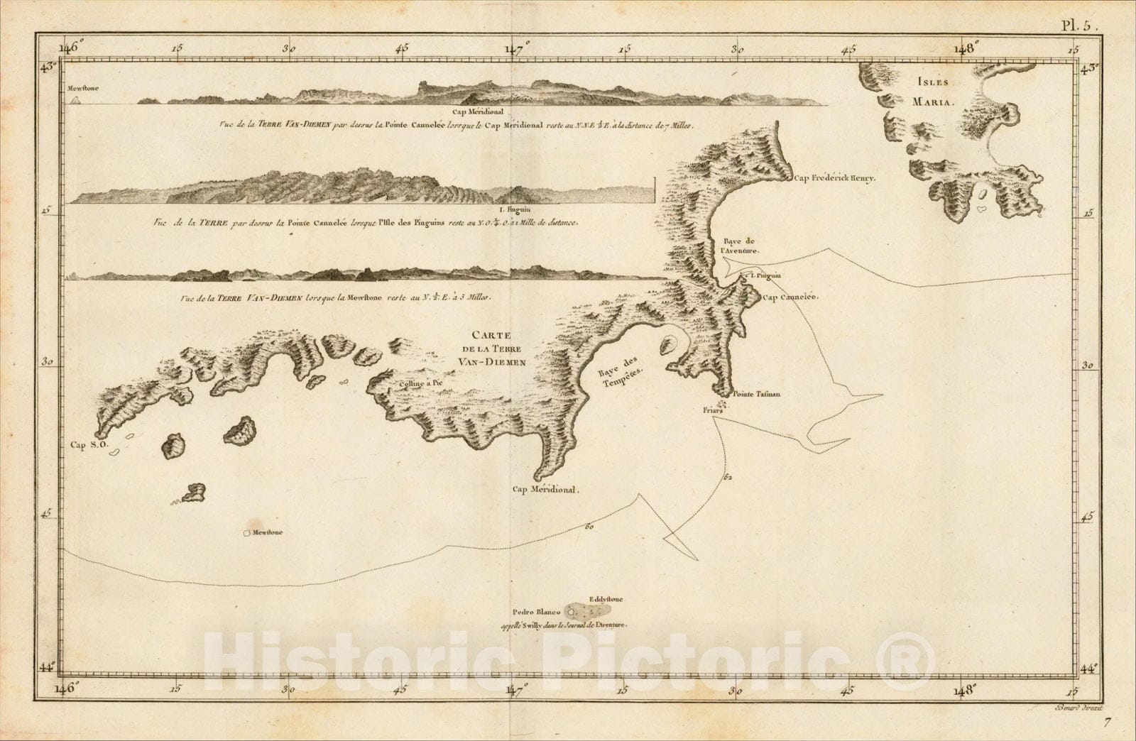 Historic Map : Carte de la Terre Van-Diemen, 1785, James Cook, Vintage Wall Art