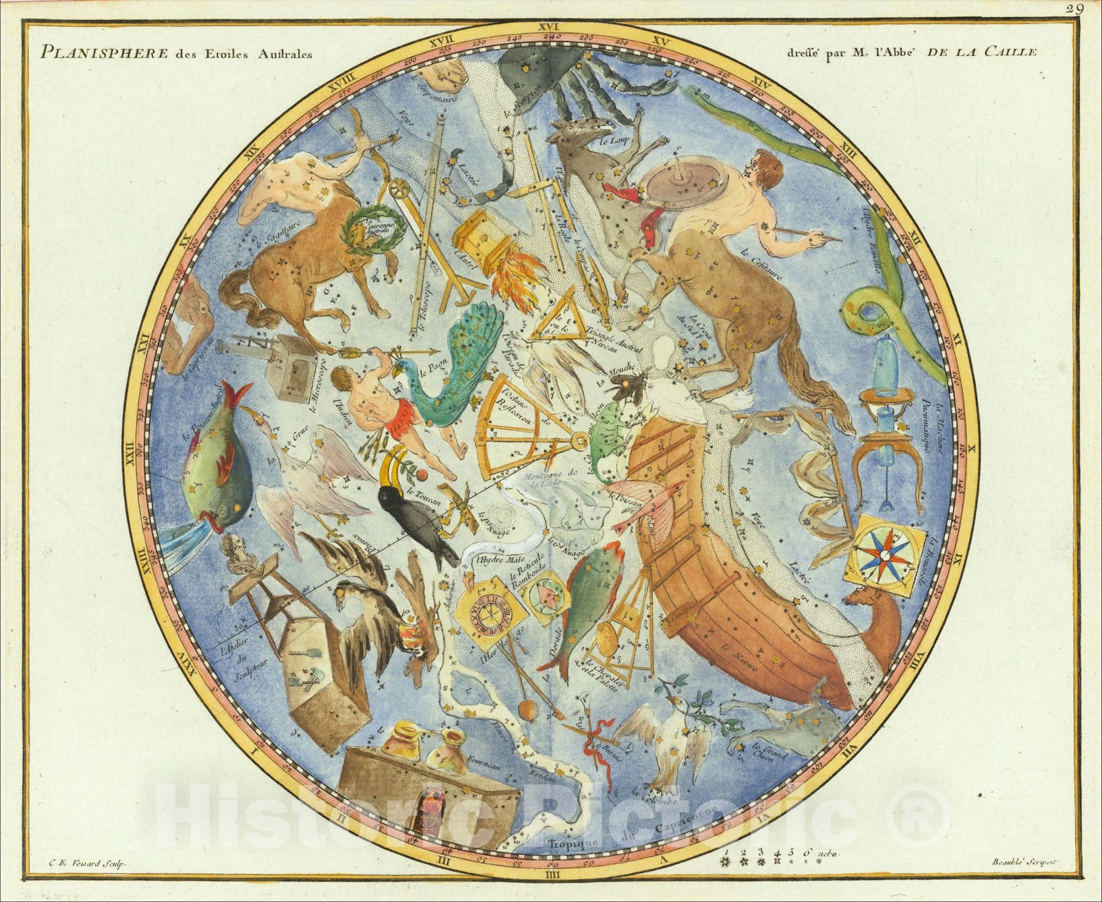 Historic Map : Planisphere des Etoiles Australes dresse par M, . De La Caille, 1776, John Flamsteed, Vintage Wall Art