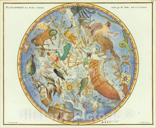 Historic Map : Planisphere des Etoiles Australes dresse par M, . De La Caille, 1776, John Flamsteed, Vintage Wall Art