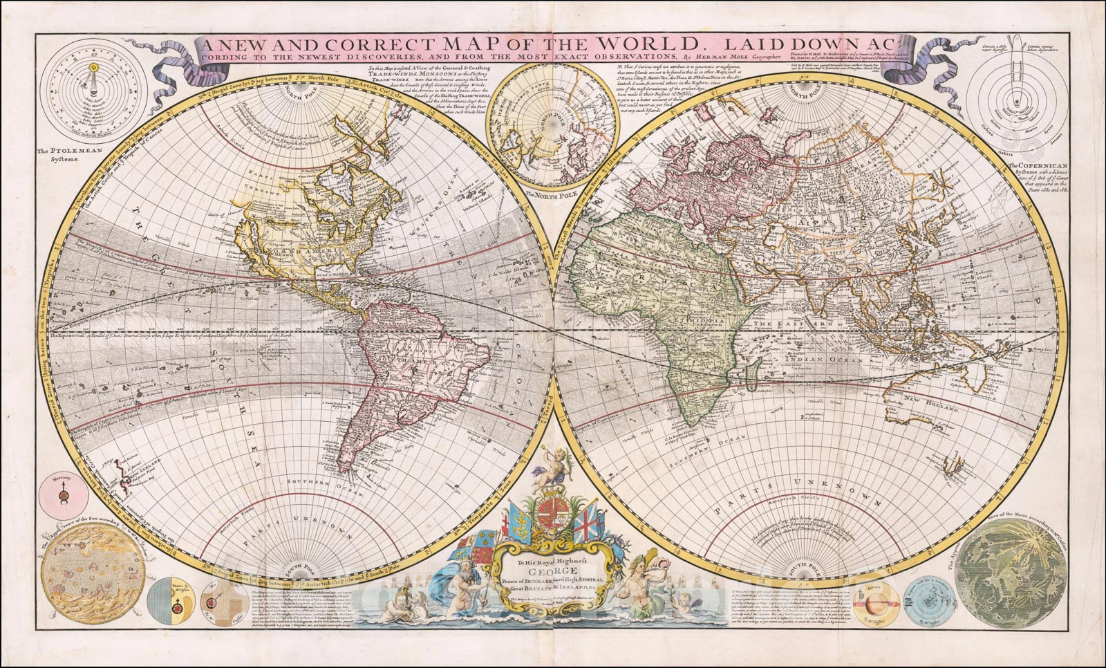 Historic Map : A New and Correct Map of the World Laid Down According to the Newest Discoveries, and from the Most Exact Observations, c1715, Herman Moll, v1, Vintage Wall Art