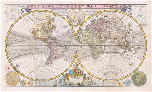 Historic Map : A New and Correct Map of the World Laid Down According to the Newest Discoveries, and from the Most Exact Observations, c1715, Herman Moll, v1, Vintage Wall Art