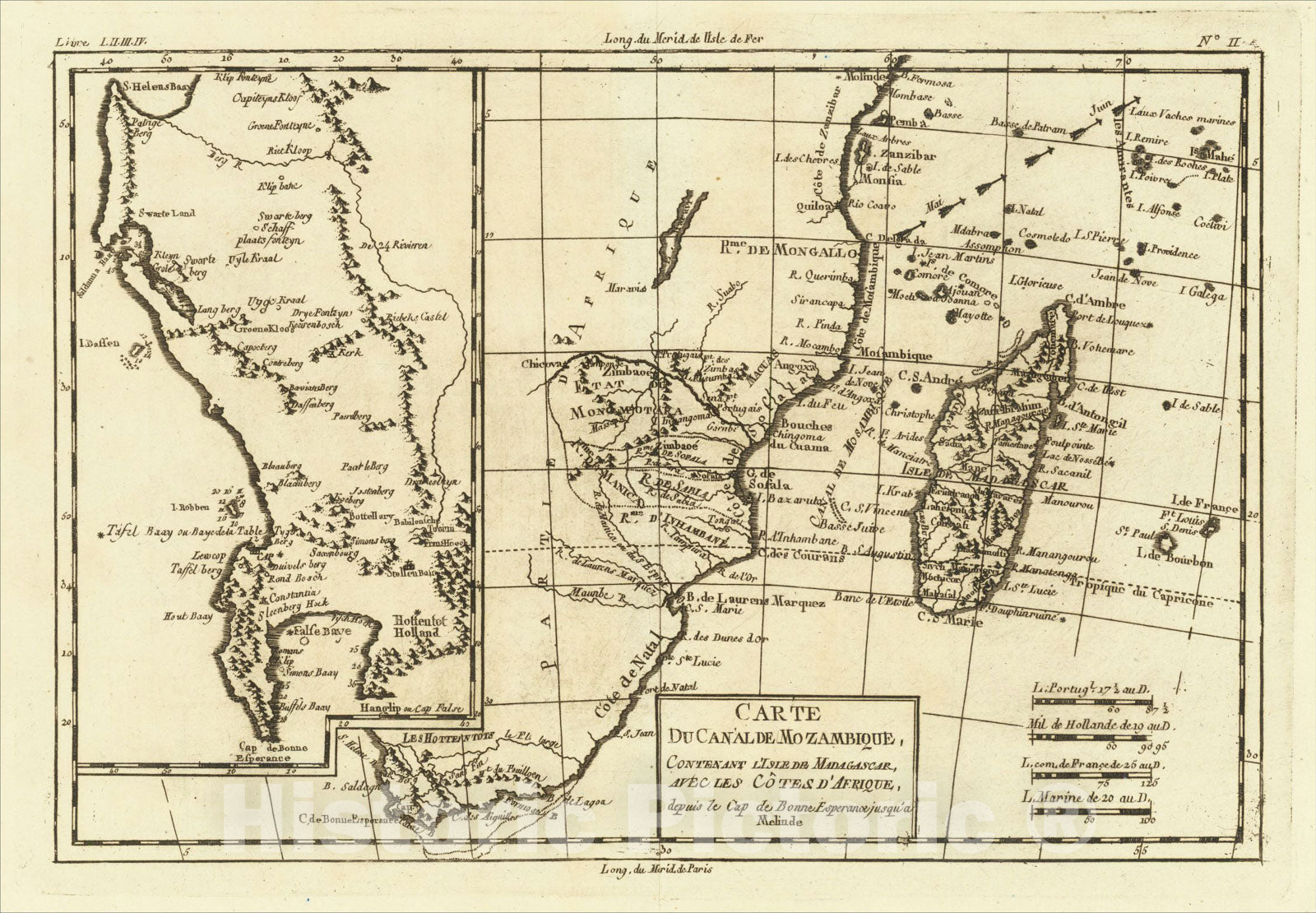 Historic Map : Carte Du Canal De Moambique, Contenant L'Isle de Madagascar, avec les Cotes D'Afrique, depuis le Cap du Bonne Esperance, c1770, Rigobert Bonne, Vintage Wall Art