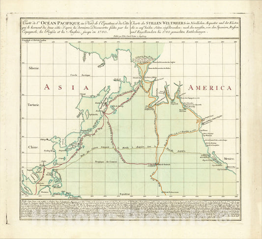 Historic Map : Carte de l'Ocean Pacifique au Nord de l'Equateur d'Apres les dernieres Decourvertes faits par les Espagnols, 1781, Tobias Conrad Lotter, Vintage Wall Art