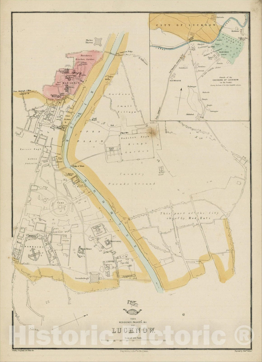 Historic Map : The Residency, Palace &c. of Lucknow., c1863, Edward Weller, Vintage Wall Art