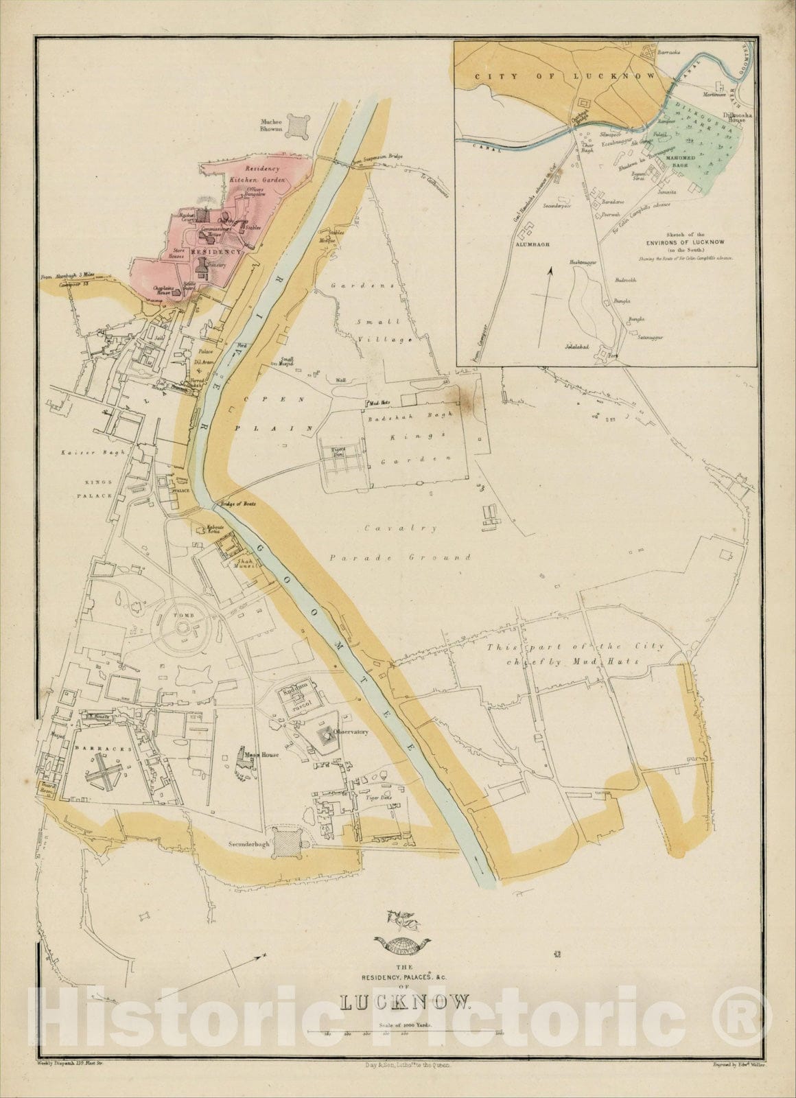 Historic Map : The Residency, Palace &c. of Lucknow., c1863, Edward Weller, Vintage Wall Art