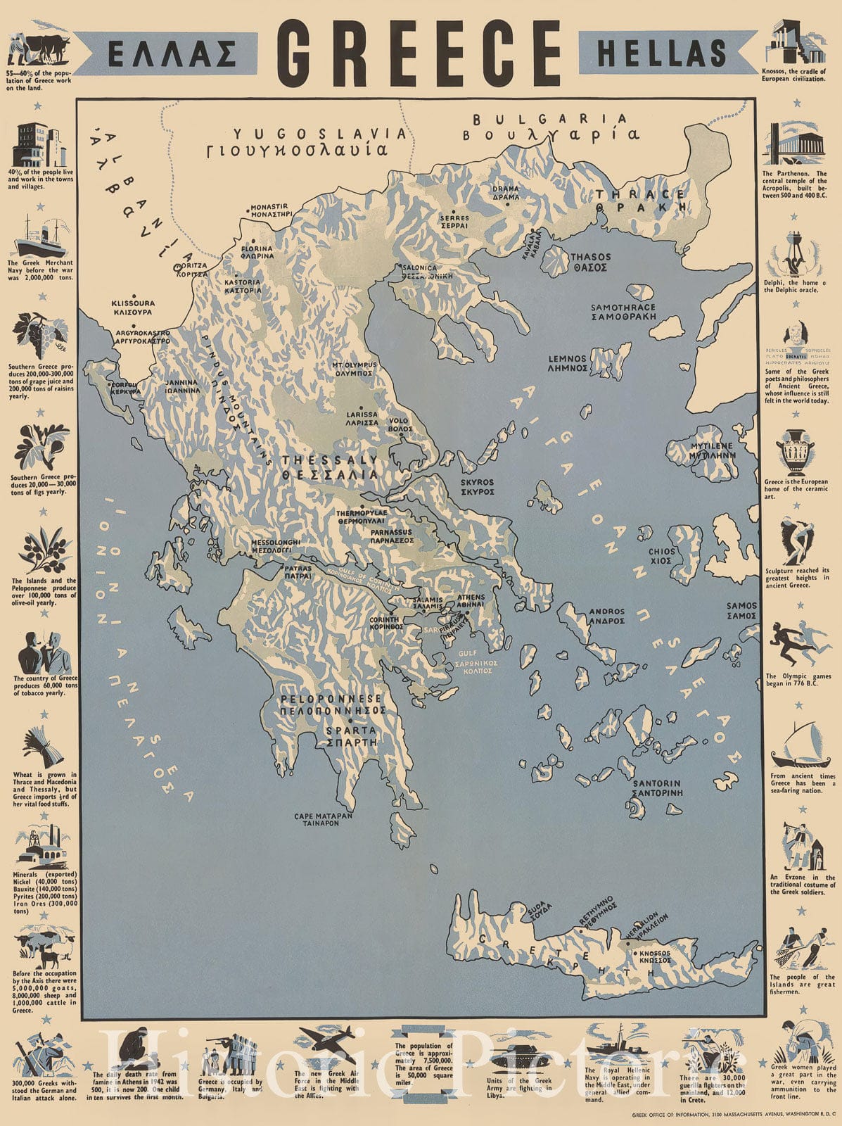 Greece - Decorative Map with Regional Vignettes, 1942 ca | Historical Map Print