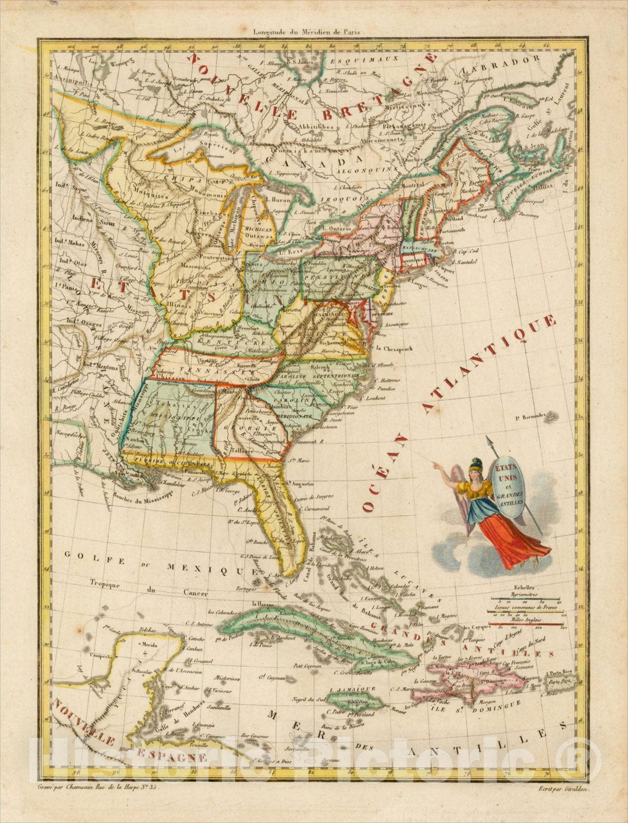 Historic Map : Etats Unis et Grandes Antiles, 1812, Conrad Malte-Brun, v2, Vintage Wall Art