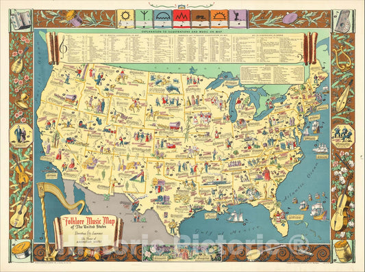 Historic Map : Folklore Music Map of The United States By Dorothea Dix Lawrence From The Primer of American Music, 1946, Dorothea Dix Lawrence, Vintage Wall Art