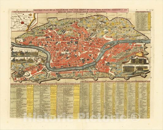 Historic Map : Nouveau Plan De La Ville De Rome Tire Pare Ordre Du Pape Par Mateo Gregoria De Romans Tres Utille Pour Les Voiageurs, 1719, Henri Chatelain, Vintage Wall Art