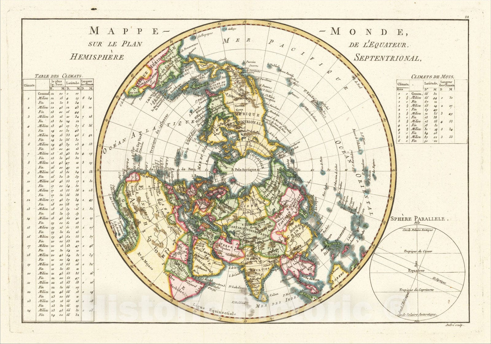 Historic Map : Mappe-Monde Sur Le Plan De L'Equateur Hemisphere Septentrional, 1787, Rigobert Bonne, Vintage Wall Art