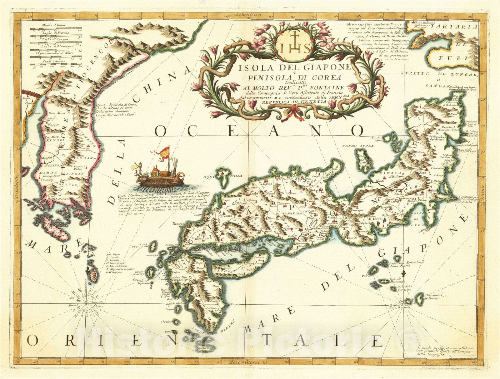 Historic Map : Isola del Giapone e Penisola di Corea , c1690, Vincenzo Maria Coronelli, Vintage Wall Art