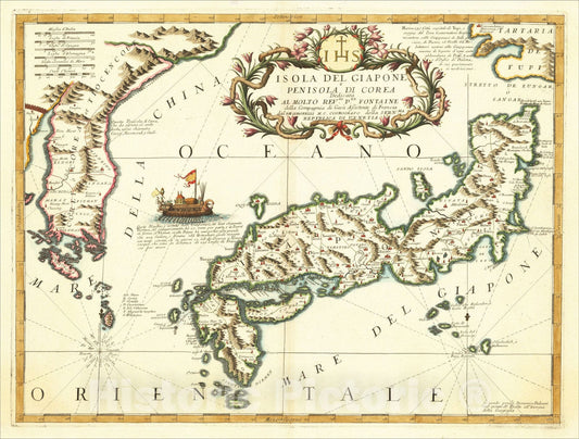 Historic Map : Isola del Giapone e Penisola di Corea , c1690, Vincenzo Maria Coronelli, Vintage Wall Art