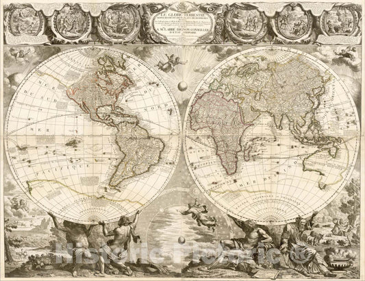 Historic Map : Le Globe Terrestre Represente En Deux Plans-Hemispheres Dresse Sur la Projection de Mr. de la Hure de l'Academie Royale des Sciences, 1708, , Vintage Wall Art