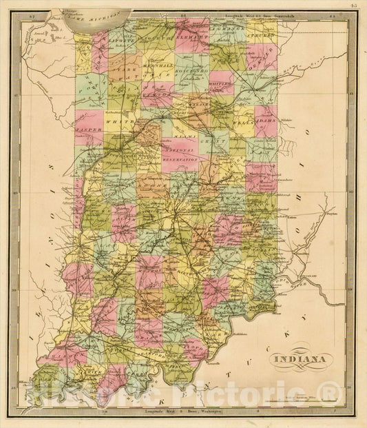 Historic Map : Indiana, 1842, Jeremiah Greenleaf, v1, Vintage Wall Art