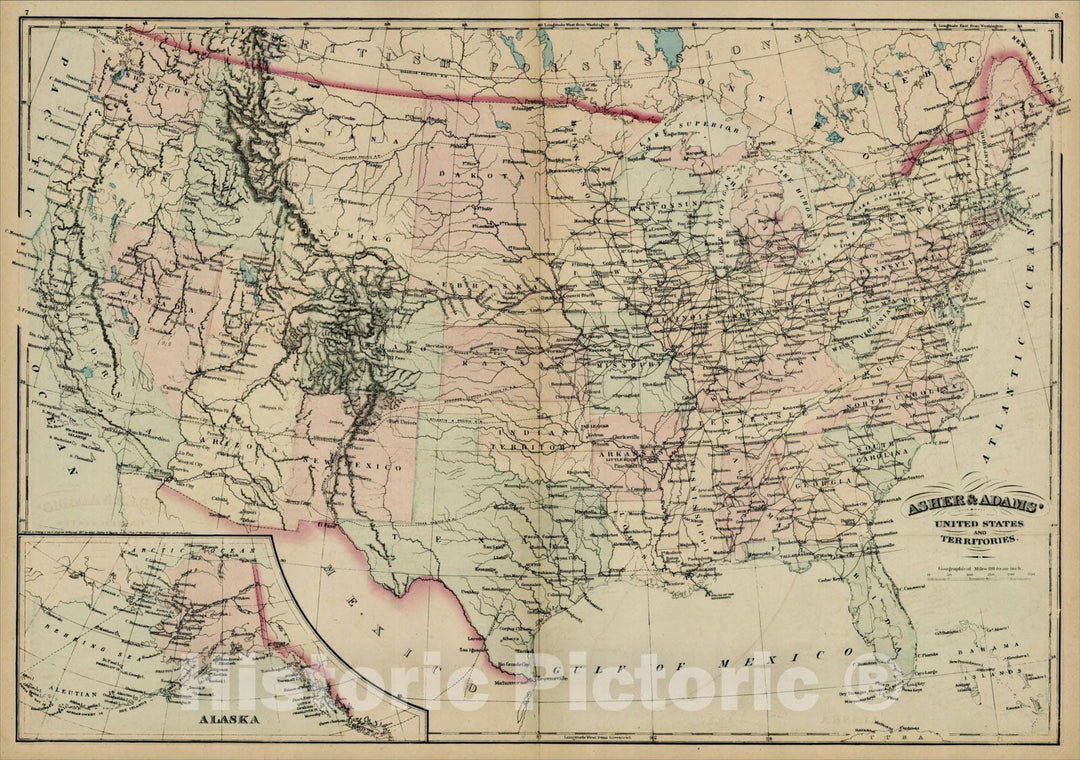 Historic Map : Asher & Adams' Geological Map United States and its Territories, 1874, Asher, Vintage Wall Art
