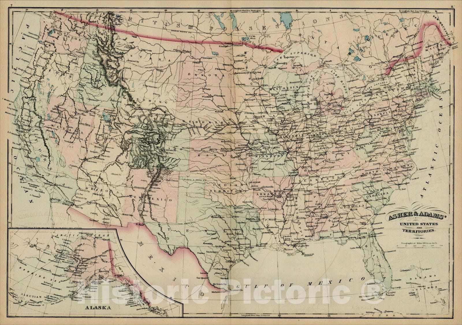 Historic Map : Asher & Adams' Geological Map United States and its Territories, 1874, Asher, Vintage Wall Art