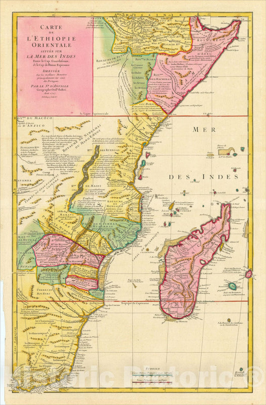 Historic Map : Carte de L'Ethiopie Orientale situee sur La Mer des Indes Entre le Cap Guarasouin, & le Cap de Bonne Esperance, Aout 1727, 1727, Vintage Wall Art