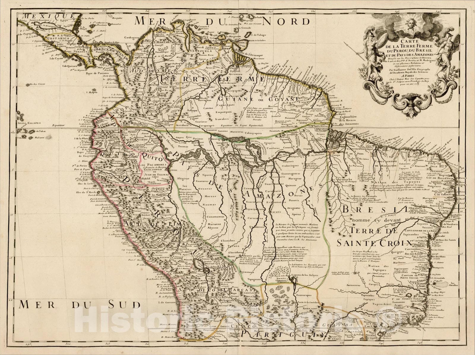 Historic Map : Carte de la Terre Ferme du Perou, Du Bresil, et du Pays des Amazons, 1703 (1st state-Rue de Canettes address), 1703, , Vintage Wall Art