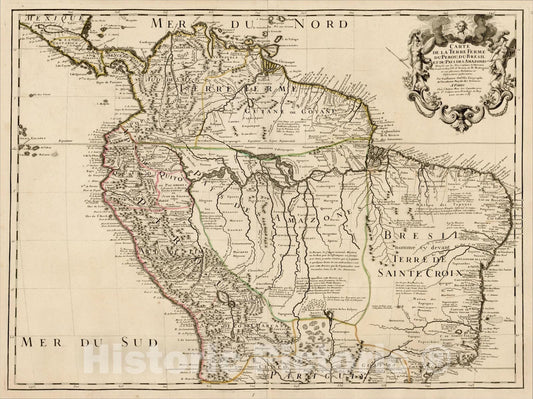 Historic Map : Carte de la Terre Ferme du Perou, Du Bresil, et du Pays des Amazons, 1703 (1st state-Rue de Canettes address), 1703, , Vintage Wall Art