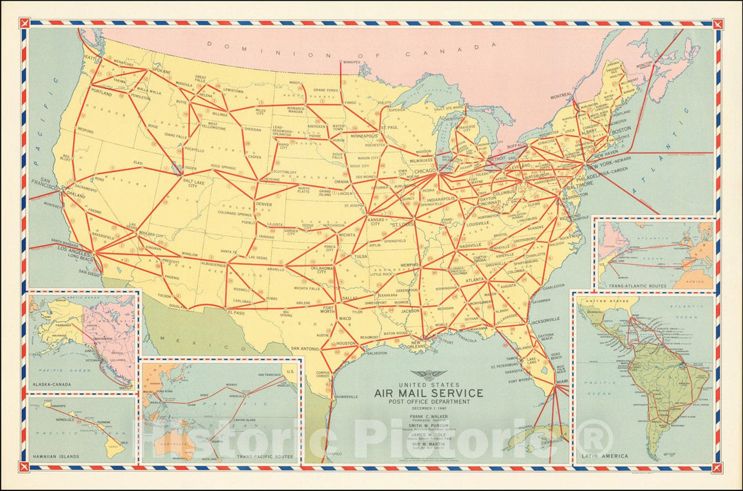 Historic Map : United States Air Mail Service Post Office Department., 1940, Division of Topography, Postmaster General, v1, Vintage Wall Art