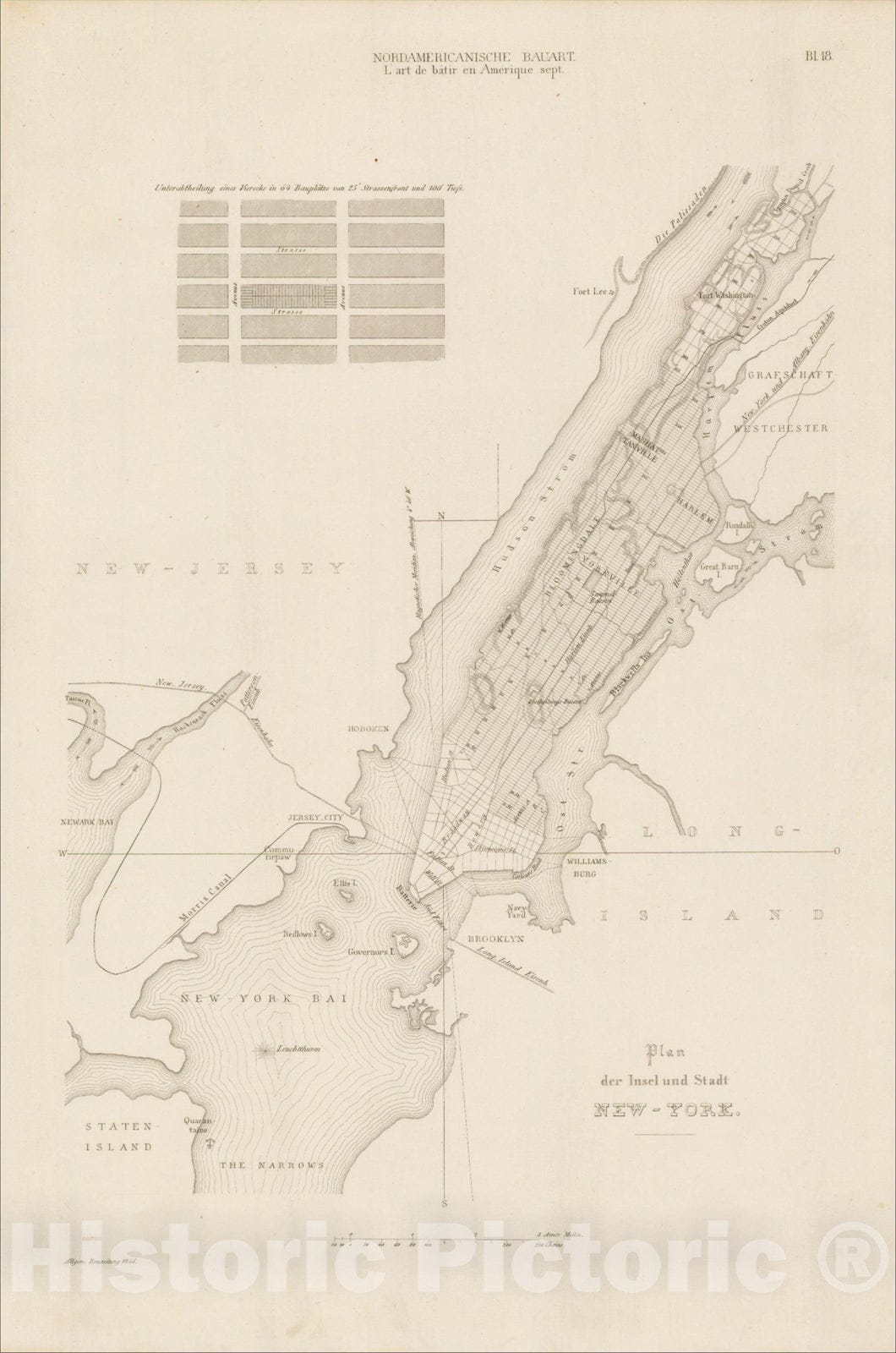 Historic Map : Plan der insel und stadt New-York, 1846, , Vintage Wall Art
