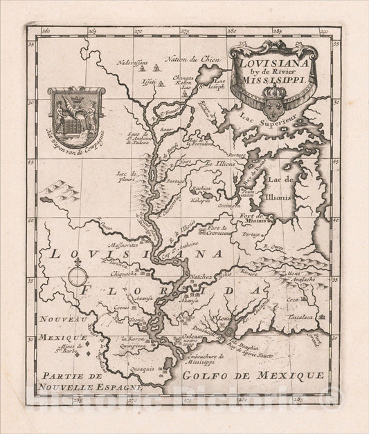 Historic Map : Louisiana by de Rivier Missisippi, 1720, John Law, Vintage Wall Art