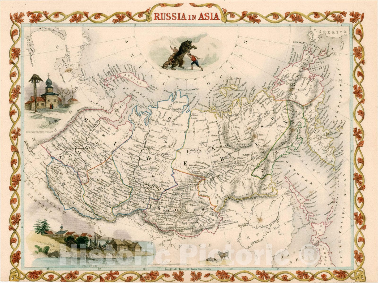 Historic Map : Russia in Asia, 1851, John Tallis, Vintage Wall Art