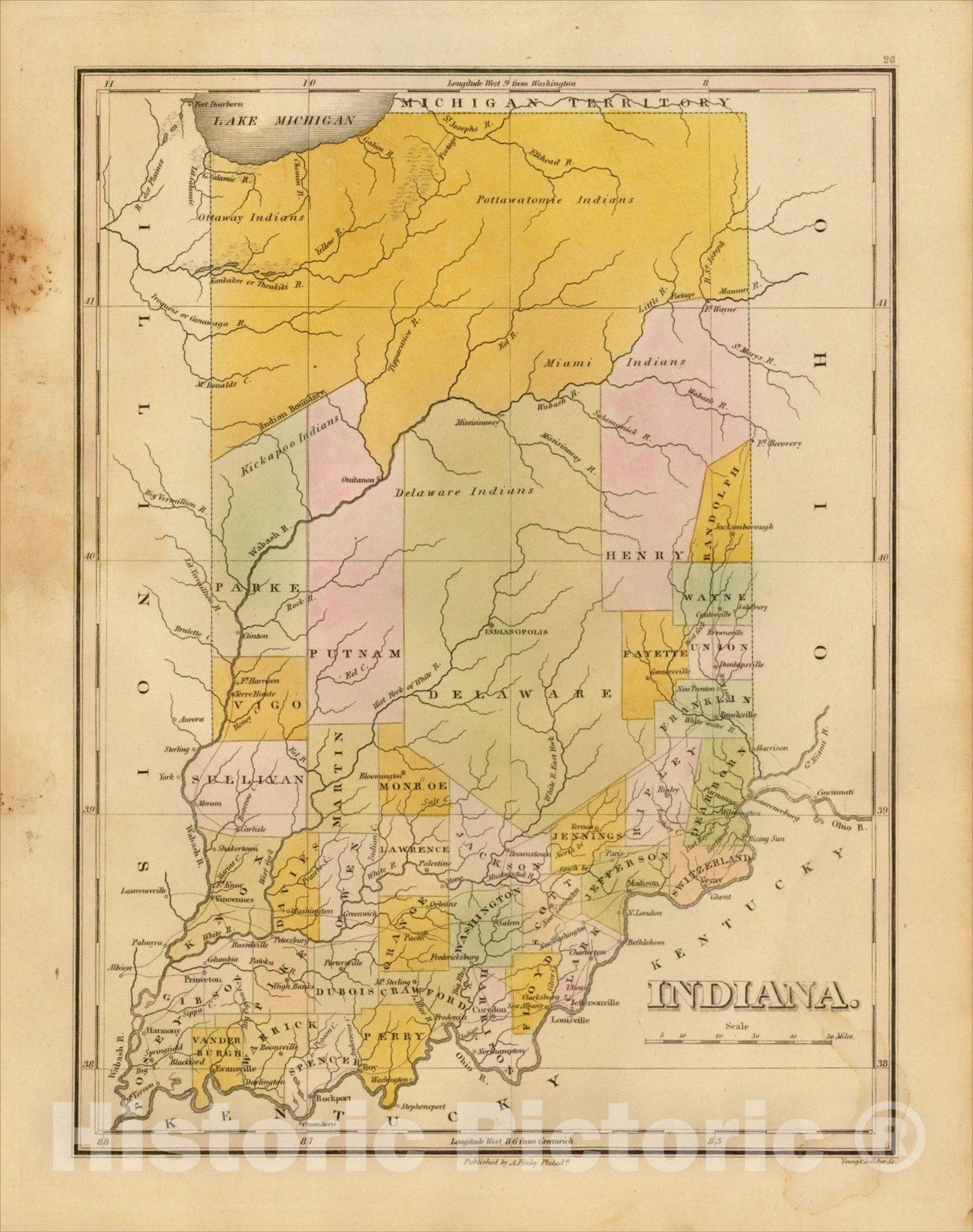 Historic Map : Indiana, 1826, Anthony Finley, v2, Vintage Wall Art