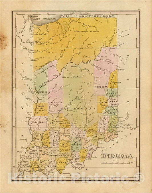 Historic Map : Indiana, 1826, Anthony Finley, v2, Vintage Wall Art