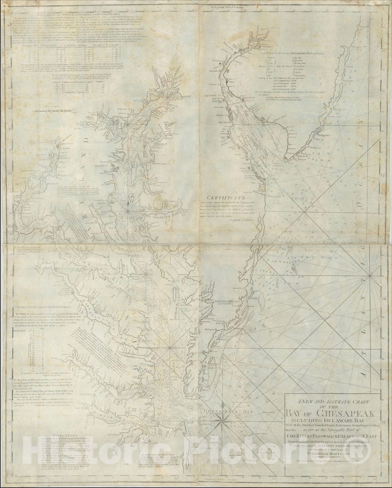 Historic Map : A New and Accurate Chart of the Bay of Chesapeak Including Delaware Bay With all the Shoals, Channels, Islands, Entrances, Soundings, 1799, Vintage Wall Art