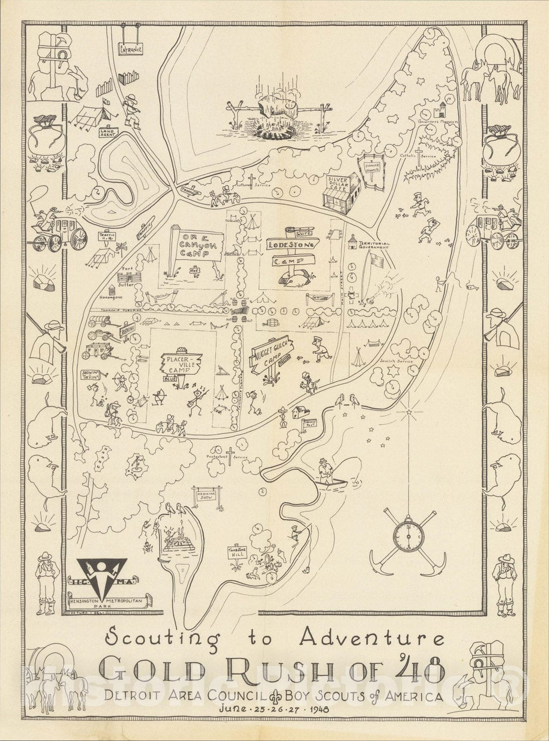 Historic Map : [Kensington Metropolitan Park, Kent Lake] Scouting To Adventure Gold Rush of '48 Detroit Area Council Boy Scouts of America, 1948, 1948, Vintage Wall Art
