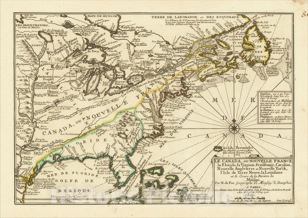 Historic Map : Le Canada, ou Nouvelle France, la Floride, La Virginie, Pensilvanie, Caroline, Nouvelle Angleterre et Nouvelle York, 1702, Nicolas de Fer, Vintage Wall Art