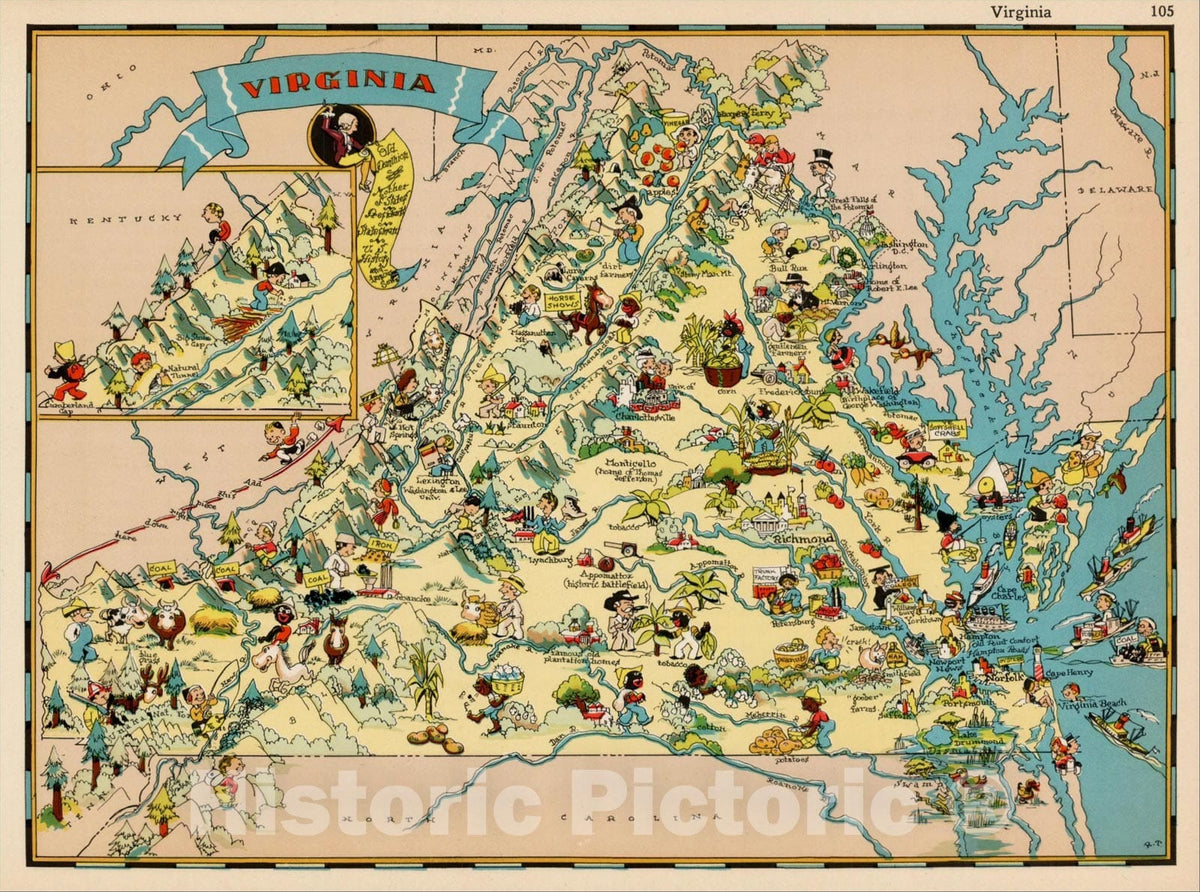 Historic Map : Virginia, 1935, Ruth Taylor White, v1, Vintage Wall Art